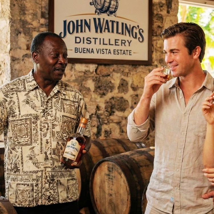 Visitors arriving at the historic Buena Vista Estate for a small-batch rum tasting at John Watling’s Distillery.