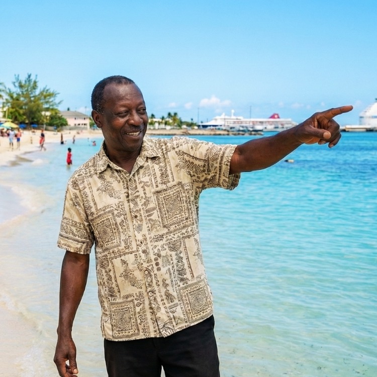 Relaxing on the lively sands of Junkanoo Beach with a clear view of the Nassau cruise ship harbor in the background.